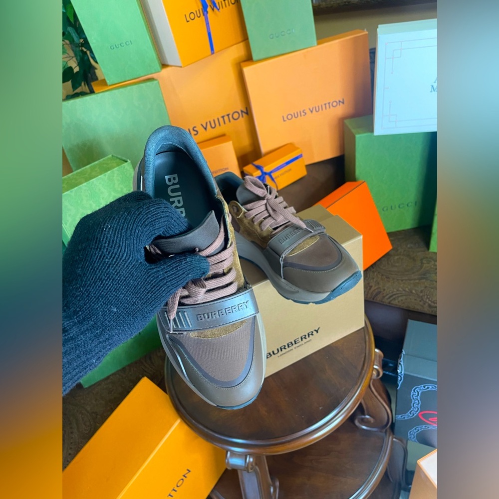 Burberry Men's Ramsey Check Mix-Leather Trainer Sneakers
